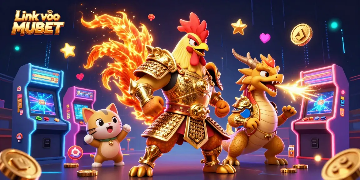 Engage with thrilling gambling action at Link vào MUBET featuring warriors and dragons in a vibrant casino scene.