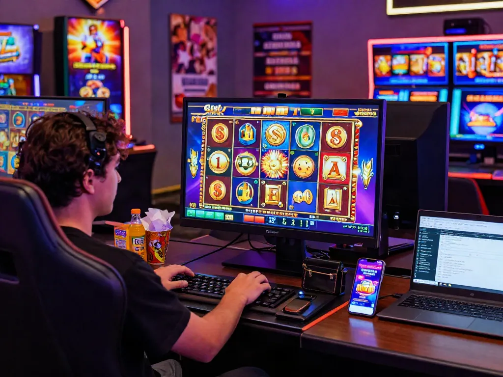 Player enjoying a slot online gacor game with vibrant graphics and ambient lighting.