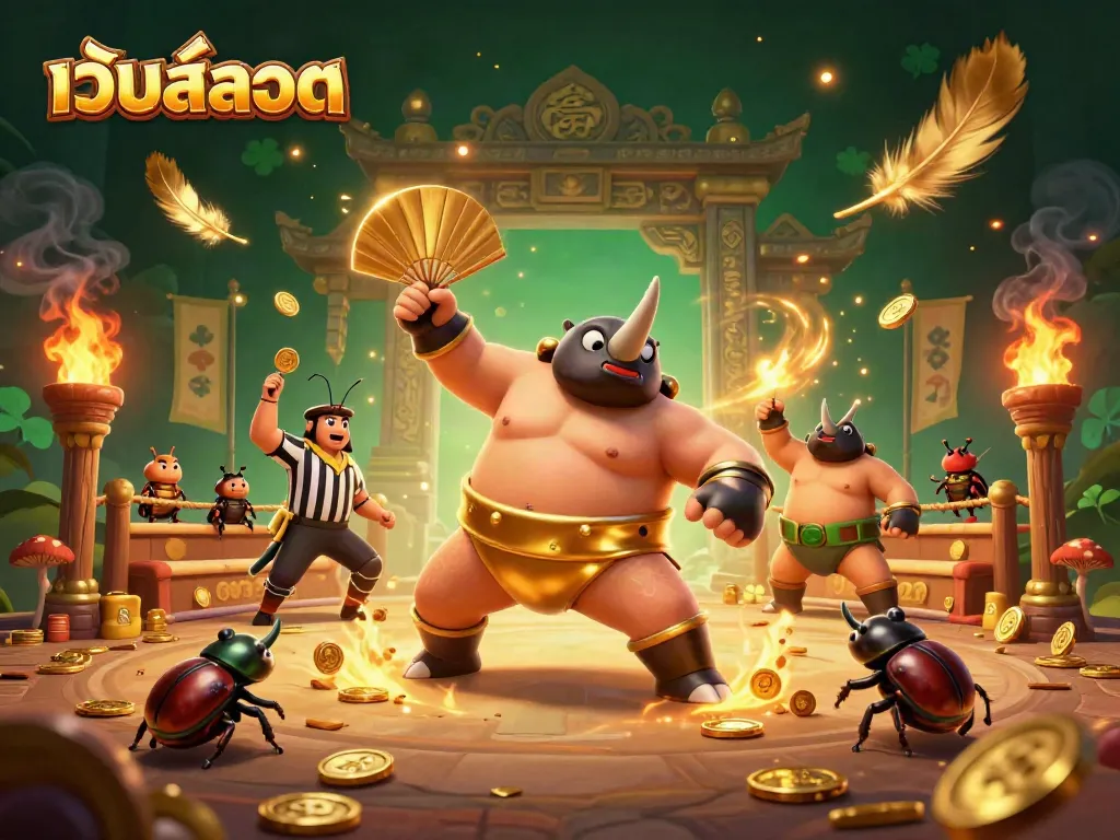 Engaging เว็บสล็อต scene depicting a rhinoceros beetle champion, dynamic coin flying action, vibrant atmosphere.