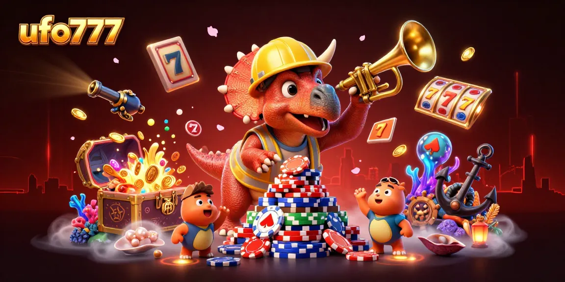 Engage with ufo777's exciting slot games as a triceratops builds poker chips amid cheering dinosaurs.