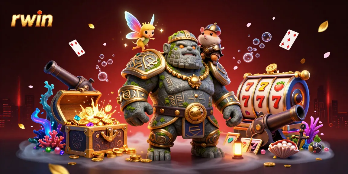 Rwin's animated scene showcases a magical golem and friends amidst vibrant gambling treasures.