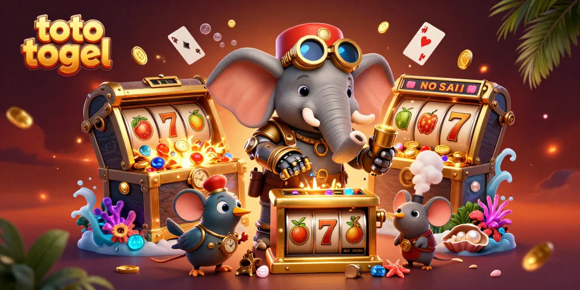 Engage in thrilling toto togel adventures with a steampunk elephant amidst vibrant casino elements.
