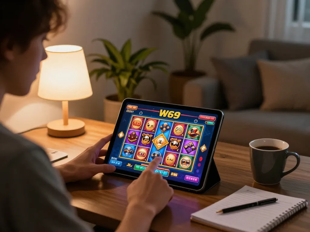 Engaging in สล็อต W69 gaming online with a tablet in a cozy atmosphere, showcasing strategy.