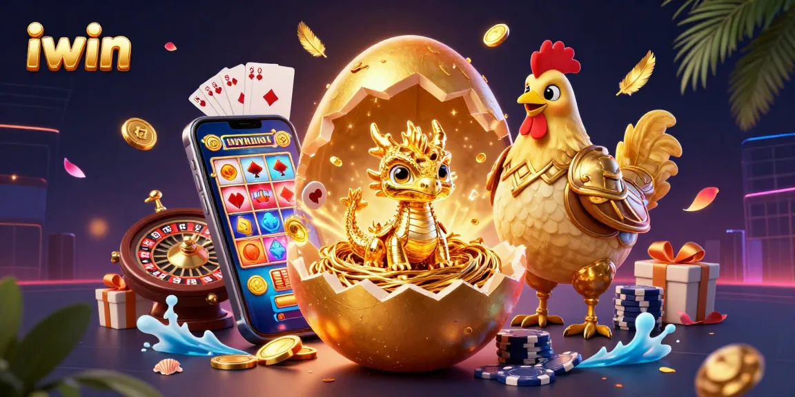 Experience exciting gaming with iwin's golden dragon and poker chips amidst vibrant casino elements.