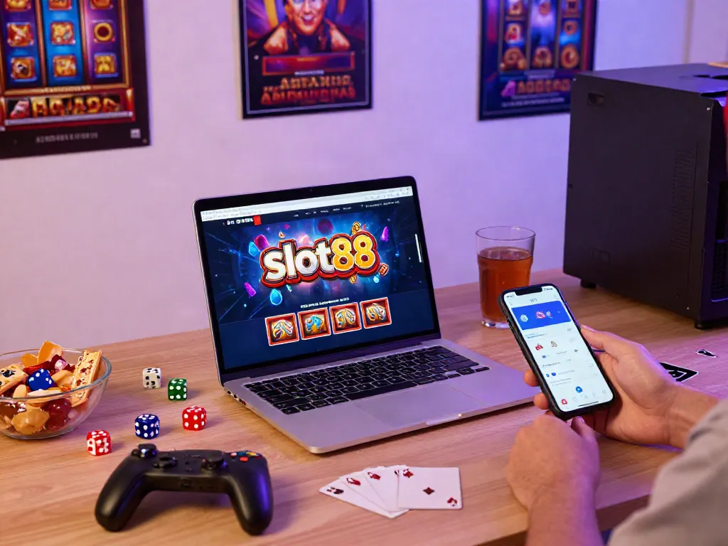 Engaging user experience with slot88 platform on laptop and mobile, illuminated gaming ambiance.