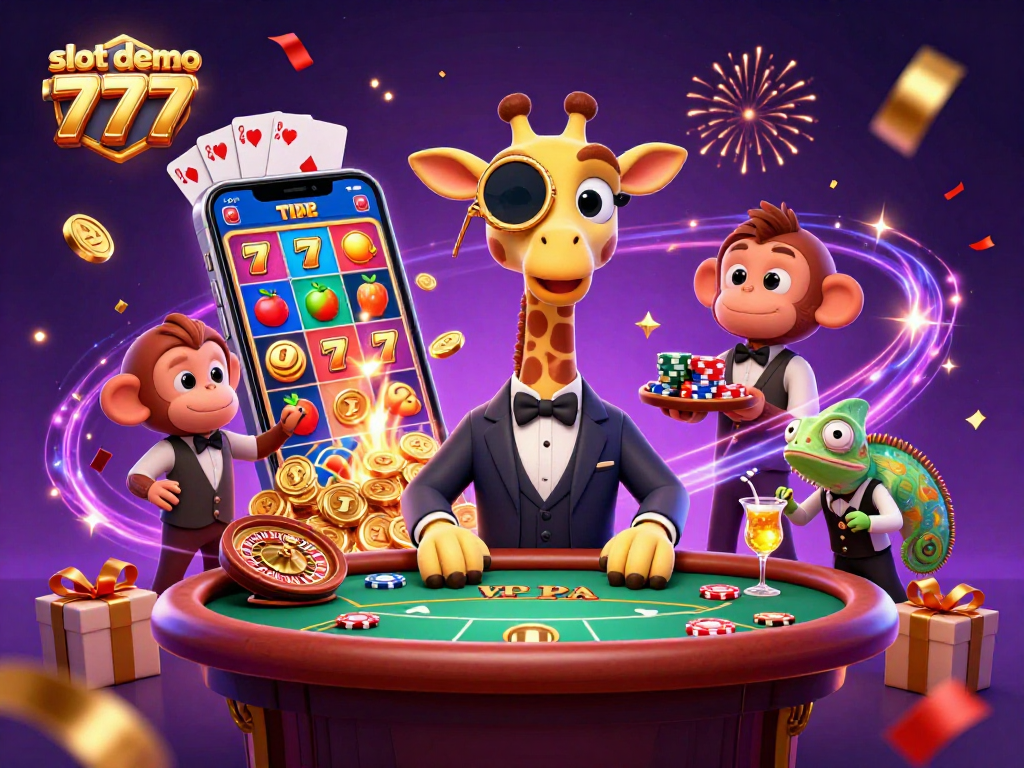 Play exciting slot demo 777 games amidst a vibrant casino atmosphere with colorful characters and dynamic action.