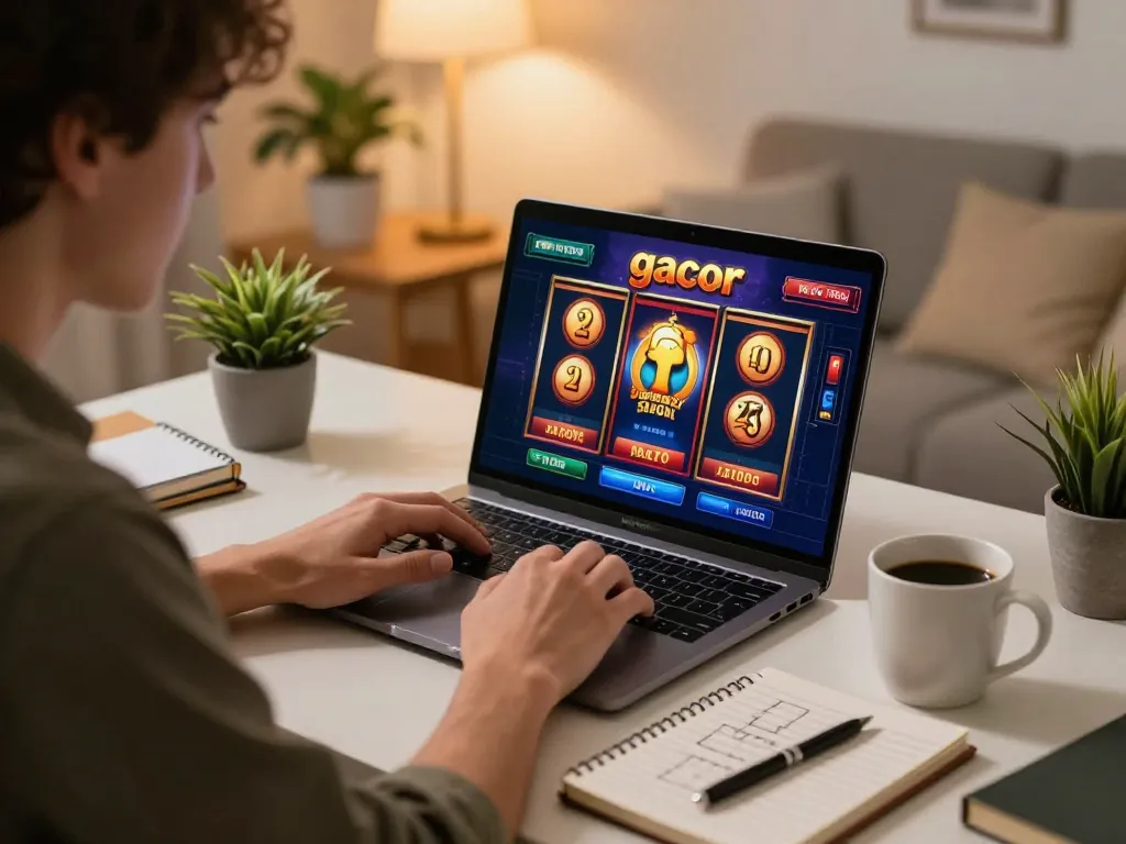 Experience slot gacor excitement while playing online in a cozy, illuminated home setup.