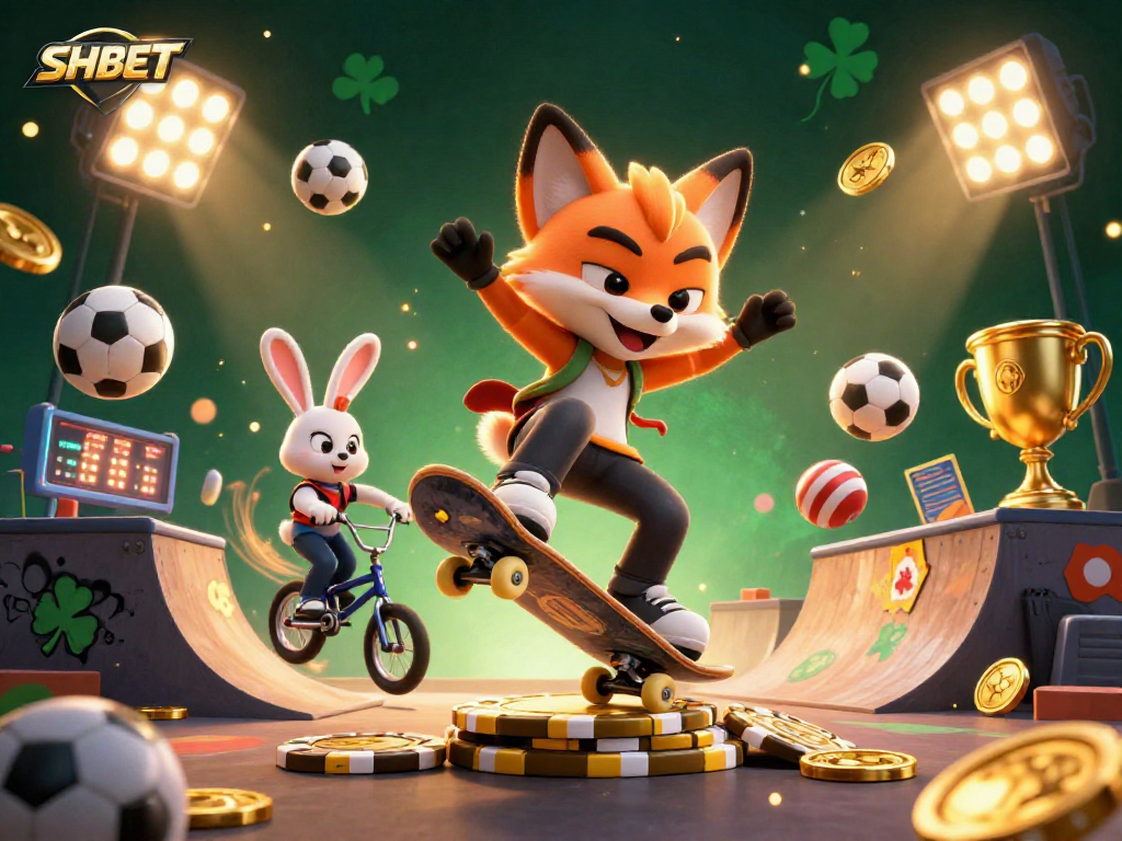 SHBET illustrates winning at online gambling with animated fox and rabbit in a vibrant casino scene.