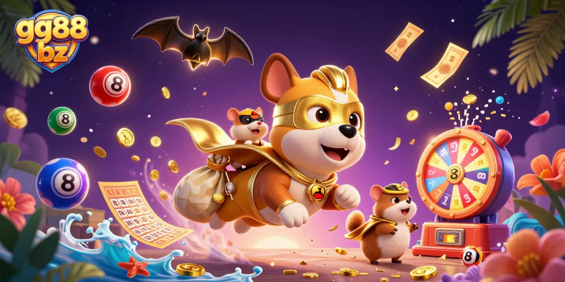 Spin to win at gg88 bz with a vibrant casino-themed scene featuring a superhero dog and sidekick amidst a flurry of lottery balls and prizes.