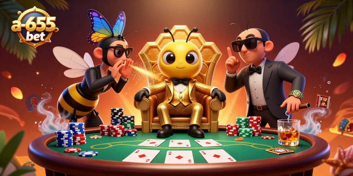 Place bets at a-655bet with an action-packed casino scene featuring vibrant characters and games.