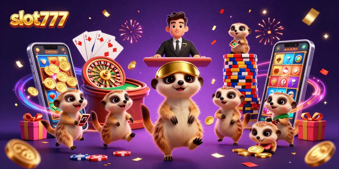 Slot777 menghadirkan ilustrasi kasino seru dengan meerkat menjalankan operasi perjudian yang dinamis.