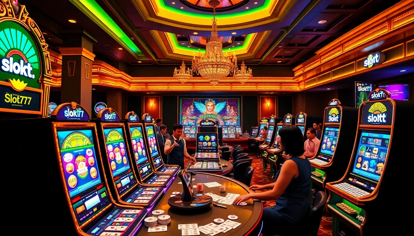 Players enjoying wins on slot777 machines in a vibrant casino setting, showcasing excitement.