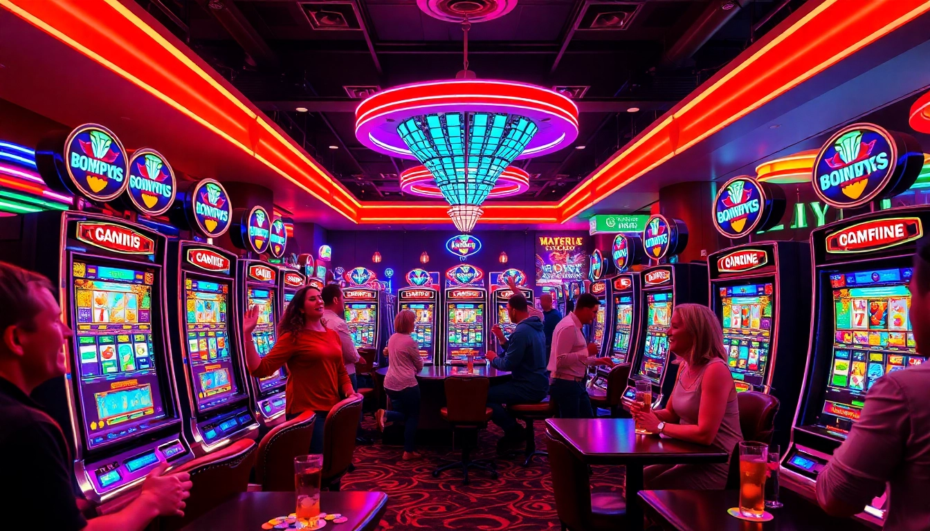 Experience the excitement at the platform slot online terbaik, showcasing vibrant slot machines and eager gamblers.