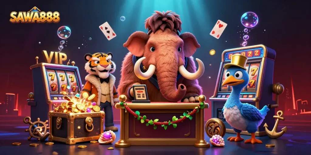Experience SAWA888 with a vibrant 3D casino scene featuring exciting game elements and rich characters.