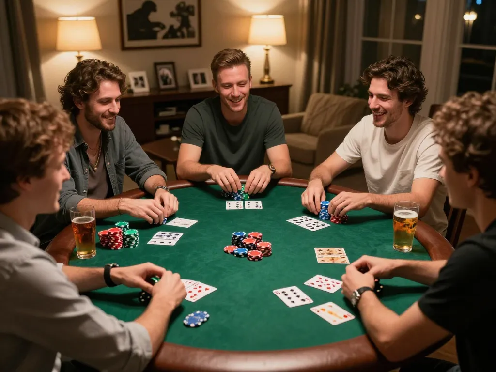 Engaged players at a friendly home game showcasing oli 4d poker strategies.