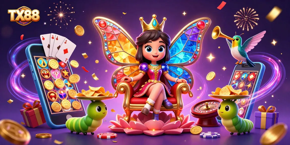 Play thrilling casino games like slots with TX88's vibrant 3D illustration showcasing excitement.