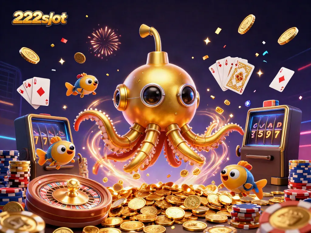 Mainkan 222slot dengan semburan koin emas dan percikan perayaan dalam ilustrasi 3D yang megah.