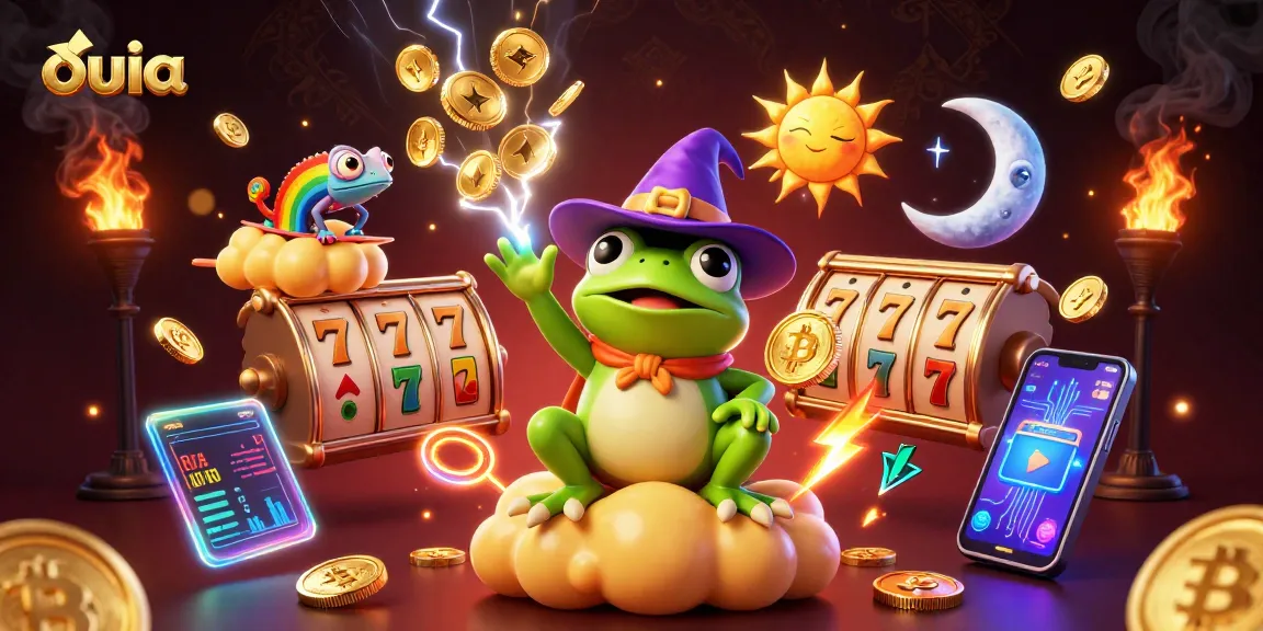 Engage with ouia's dynamic gaming world through vibrant 3D illustrations filled with slot action and cryptocurrency.