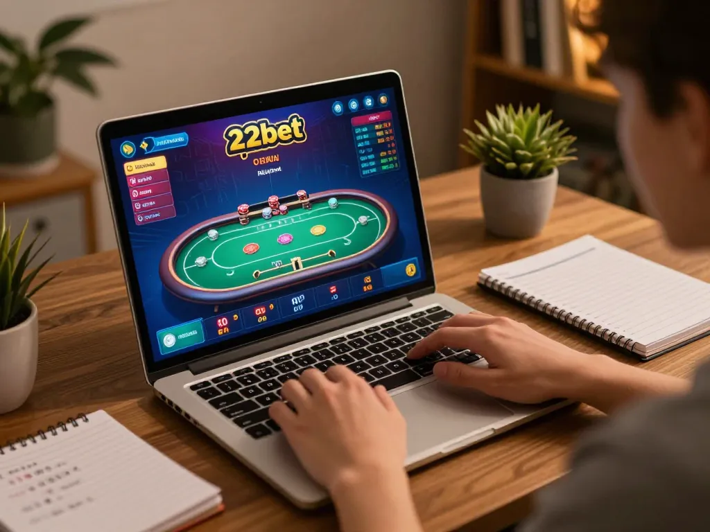 Engaged player enjoying game bài 22bet online on laptop, surrounded by betting notes and a cozy atmosphere.