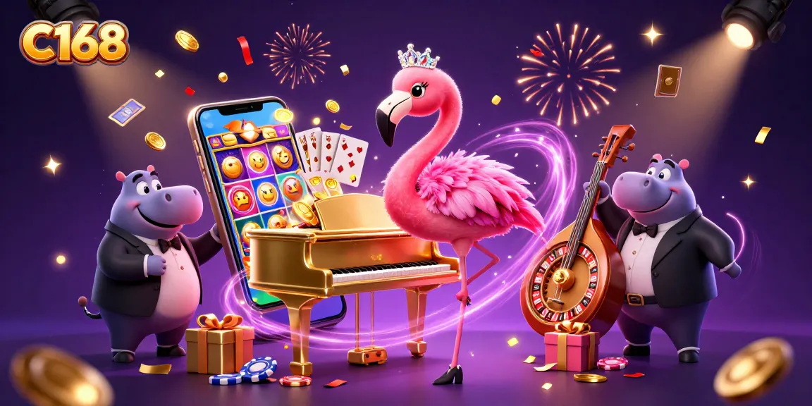 C168 presents a dynamic casino scene with a flamingo singer and a hippo bassist amidst vibrant gaming elements.
