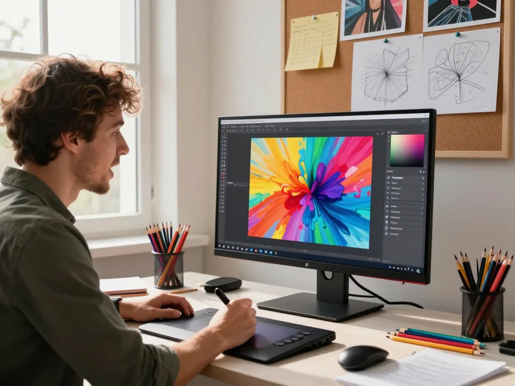 Creative professional using the Nano Banana 2 AI image editor in a vibrant digital art studio.