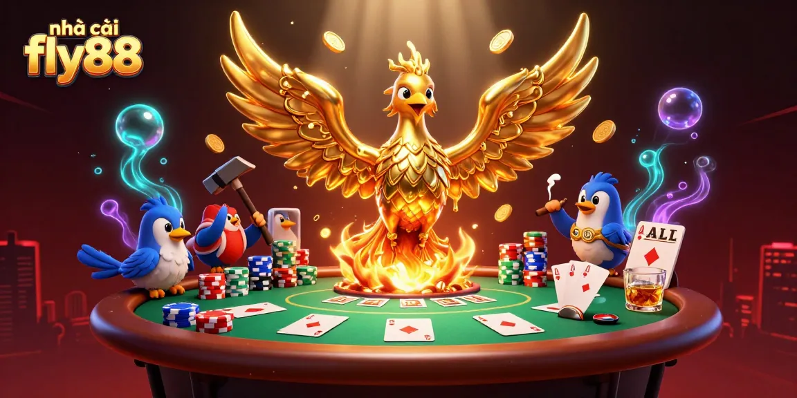 Engage with nhà cái fly88 casino gaming, featuring a molten metal phoenix and dynamic poker scene.