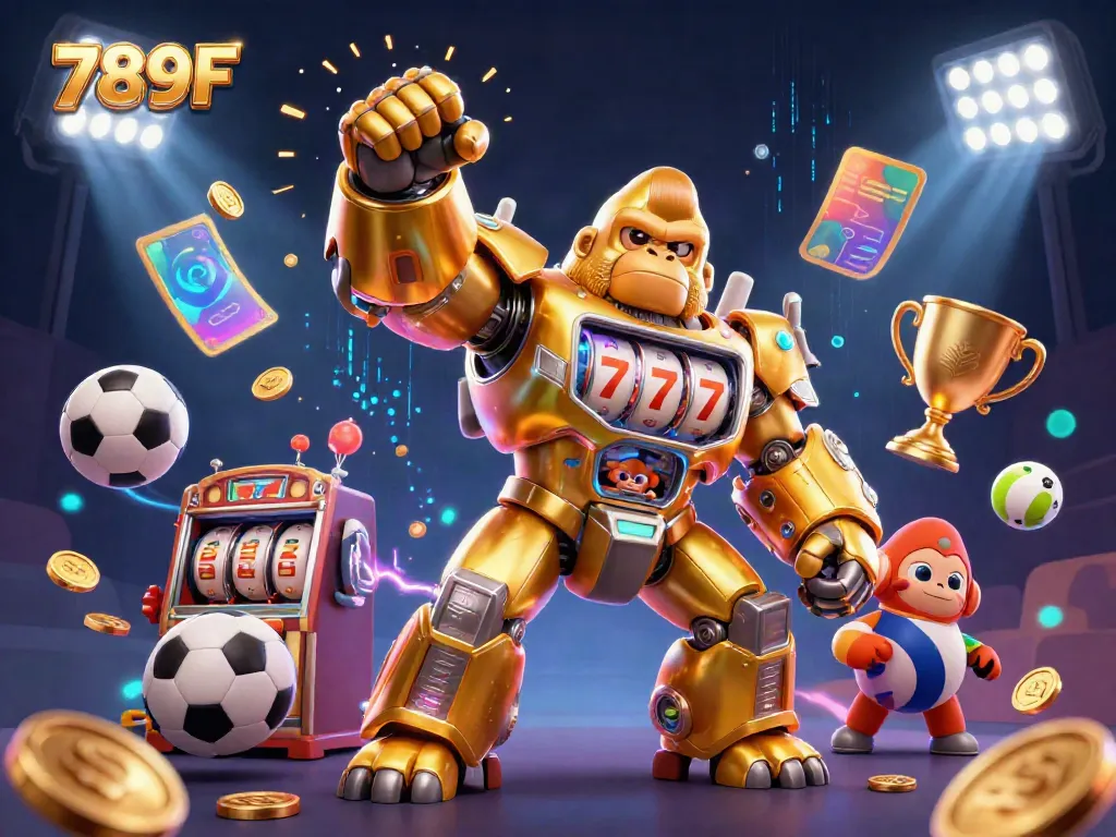 Experience exciting gameplay with 789F, featuring a golden gorilla mech amidst sports elements and dynamic action.