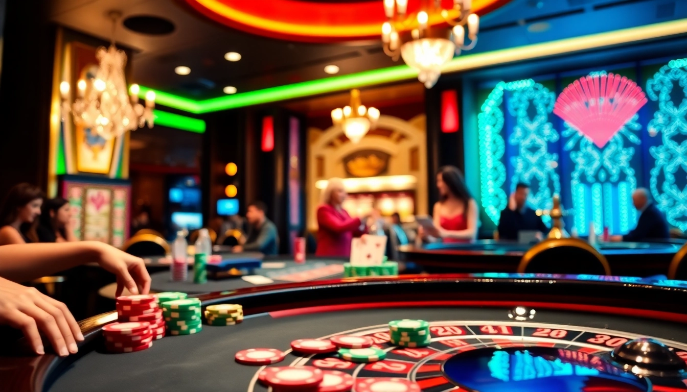 Bei casinospielen begeisterte Spieler an einem Tisch mit bunten Chips und Karten.