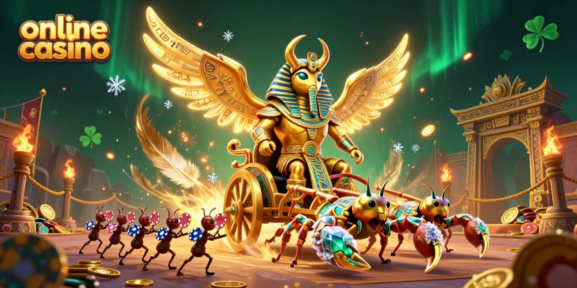 Engage in an online casino adventure with a golden scarab beetle and scorpions amidst thrilling game elements.