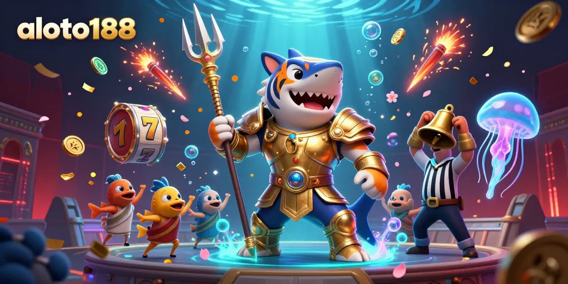 Engage in thrilling action at aloto188 with a vibrant underwater scene featuring a tiger shark and slot reels.
