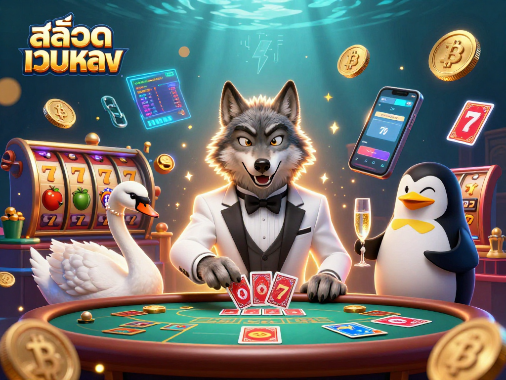 Experience สล็อตเว็บตรง gaming with a debonair wolf, elegant swan, and penguin sommelier in a rich casino scene.