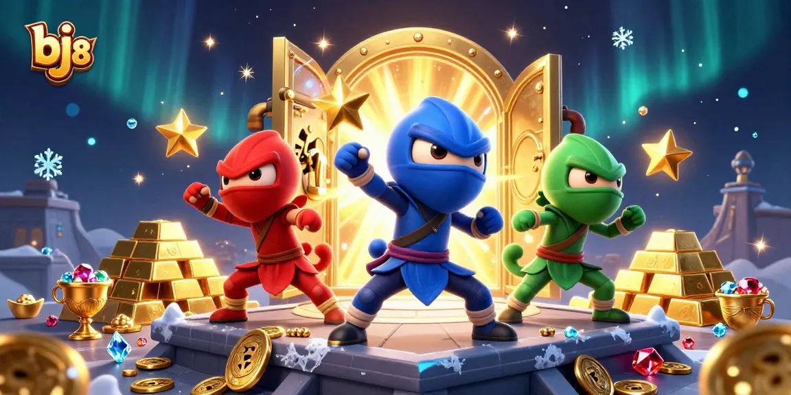 Engage in thrilling games at bj 88 with chameleon ninjas surrounded by riches and casino elements.