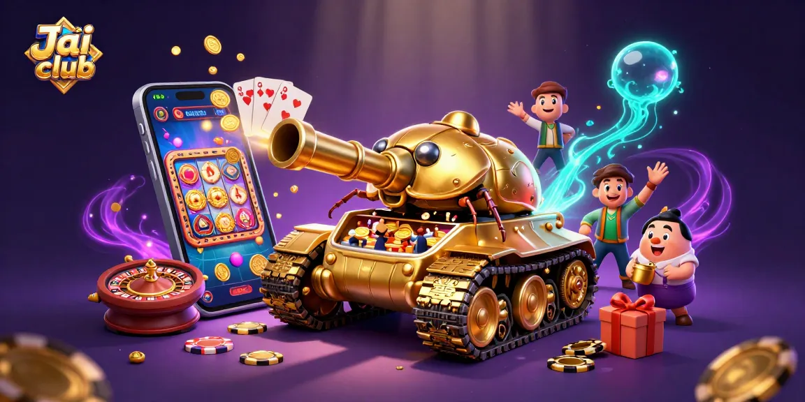 Experience the excitement of Jai club with glowing slot games and golden confetti shooting from a tank casino.