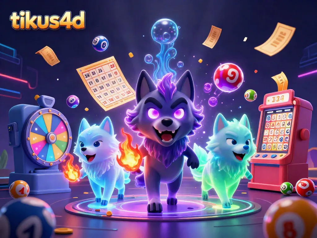 Ilustrasi 3D menarik dari tikus4d dengan karakter serigala berkualitas premium dikelilingi bola lotere dan elemen permainan.