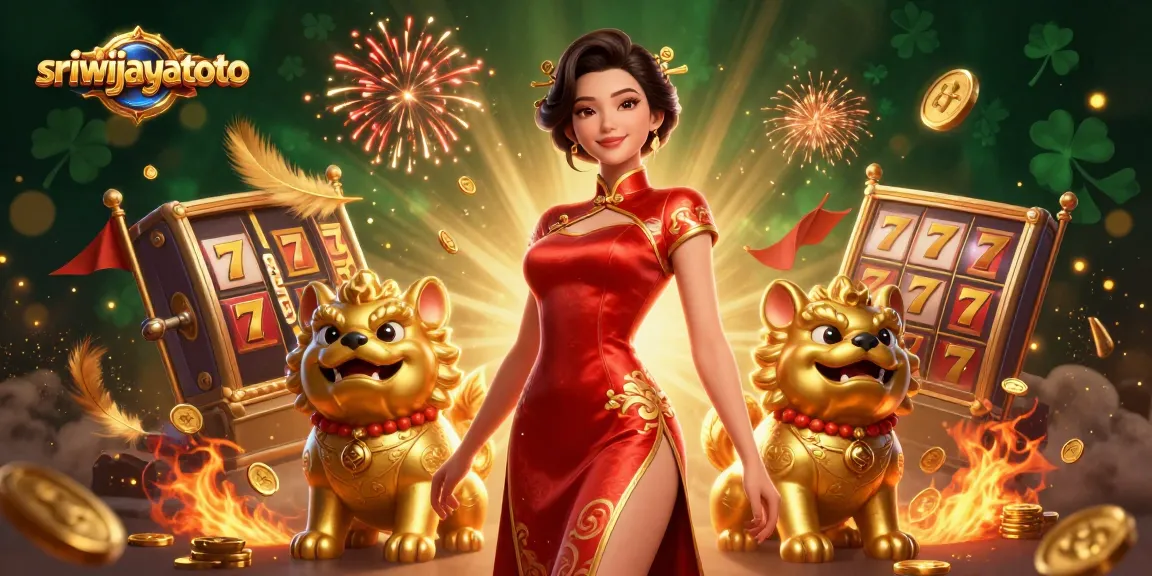 Sriwijayatoto showcases an enchanting casino scene with a glamorous Asian woman, slot machines, and gold coins.