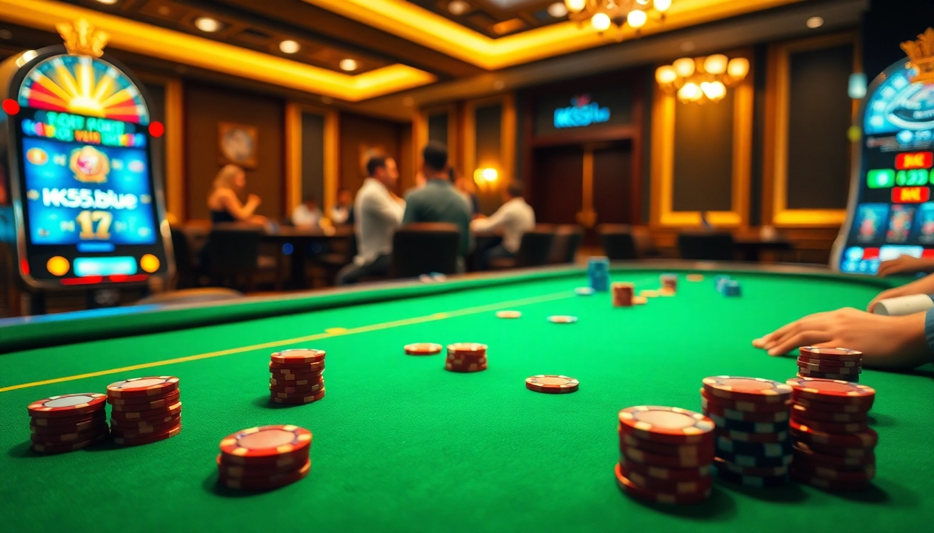Gambling at a luxurious casino with KK55.blue branding on chips and roulette wheel.
