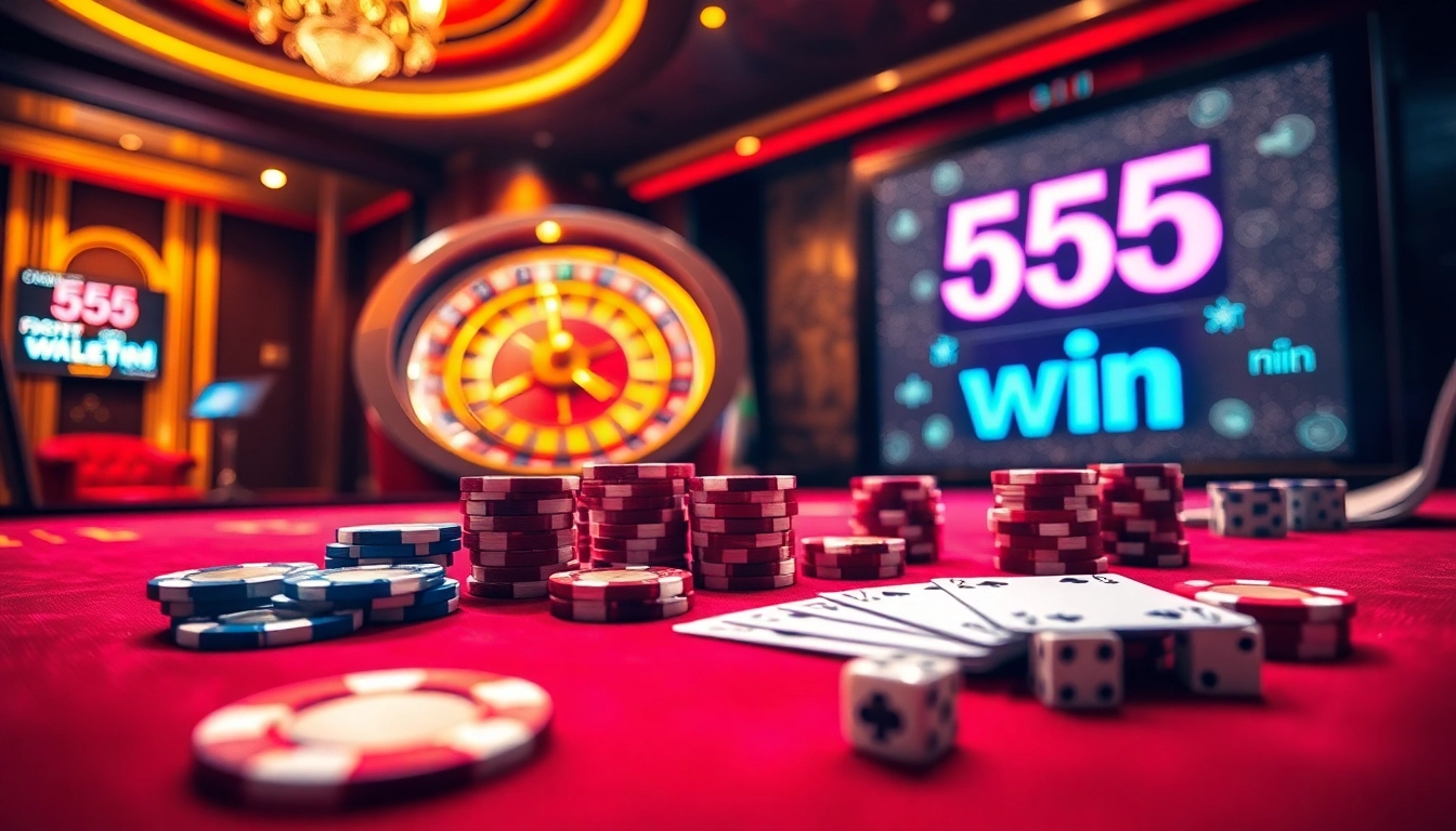 Experience the thrill of winning at 555 win casino games with exciting visuals of a roulette and poker.