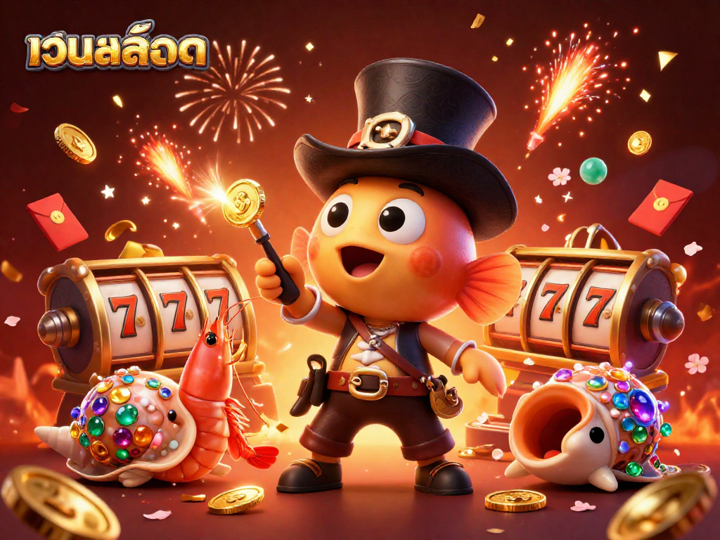 Spin the reels at เว็บสล็อต with engaging characters attracting golden coins and festive elements.