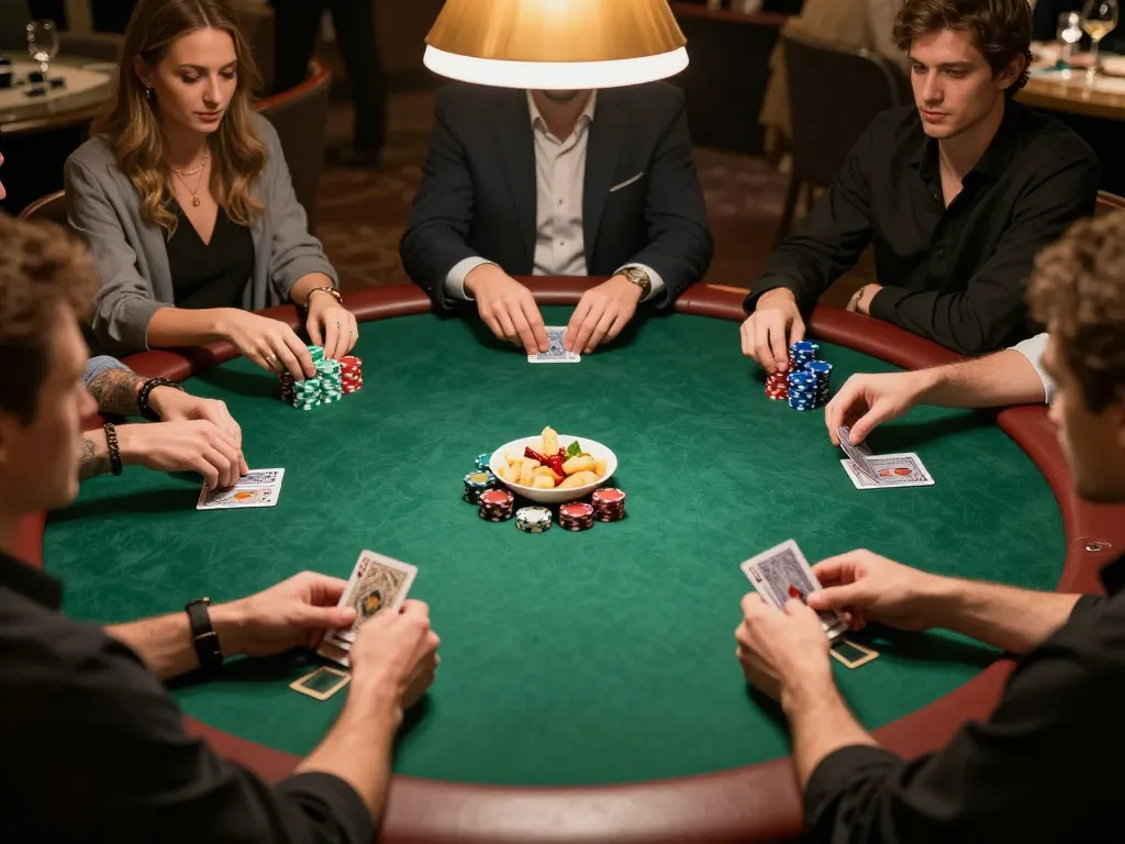Xocdiavn poker night showcasing a lively game with players betting on cards and chips.