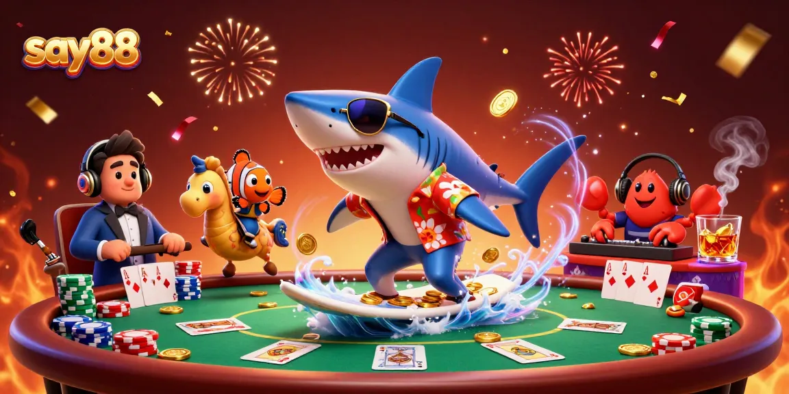 Experience thrilling gaming at say88 as characters surf on waves of gold coins.