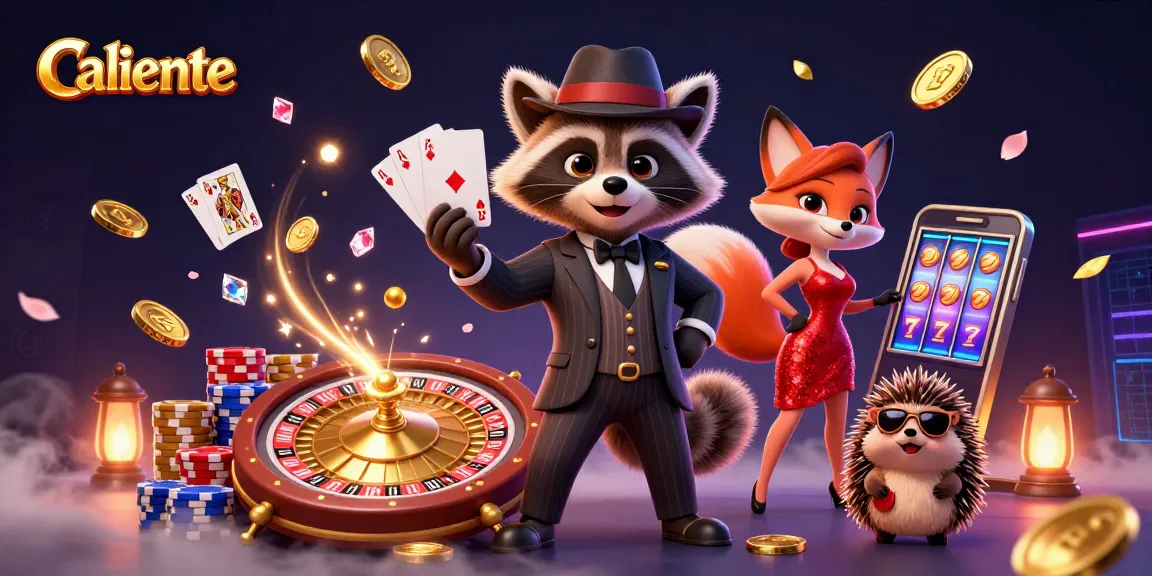 Caliente casino scene showcasing a raccoon and friends celebrating wins with coins and poker elements.