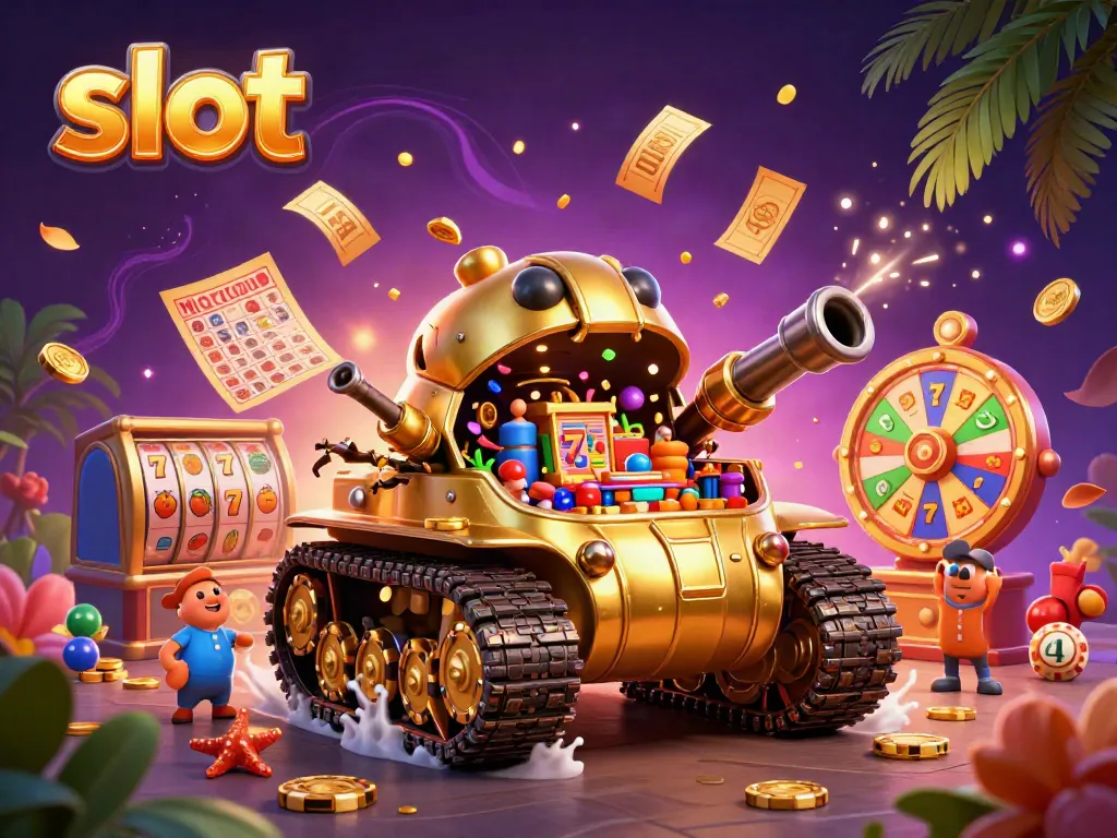 Slot yang menarik hadir dalam ilustrasi kasino miniatur dari tank kuningan emas.