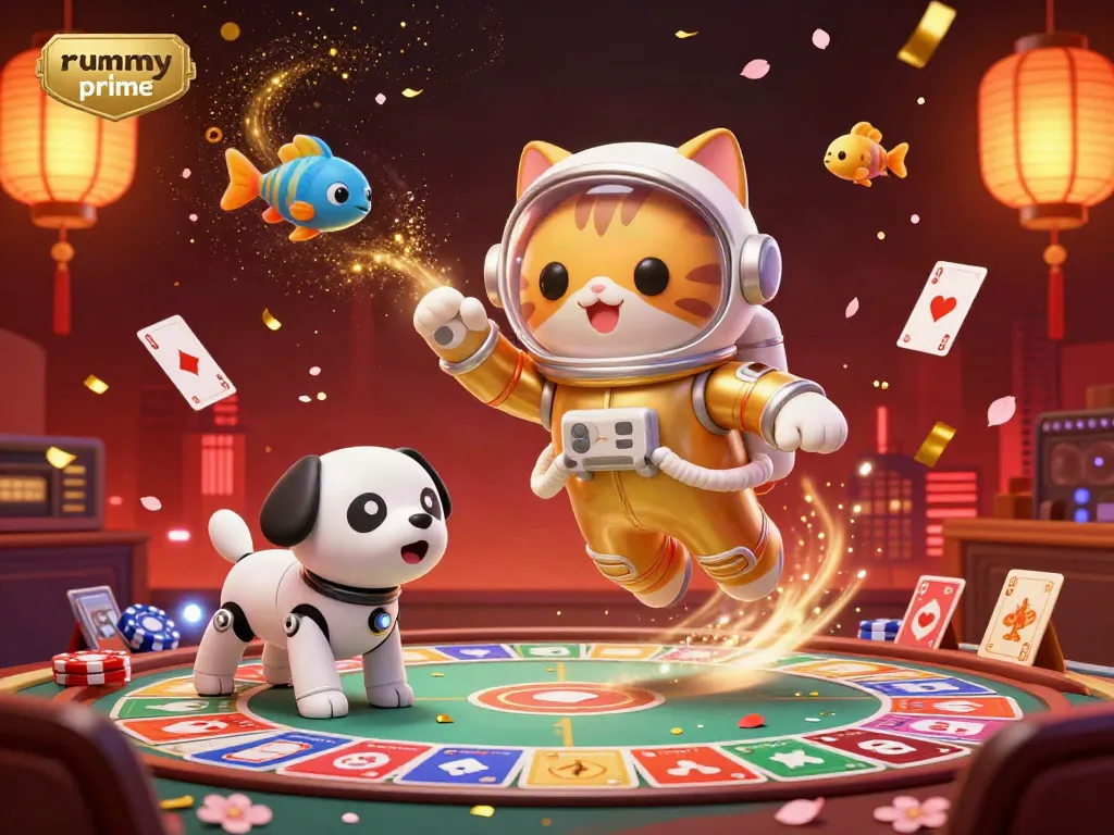 Experience rummy prime in a vibrant casino scene with a floating astronaut cat and gaming elements.