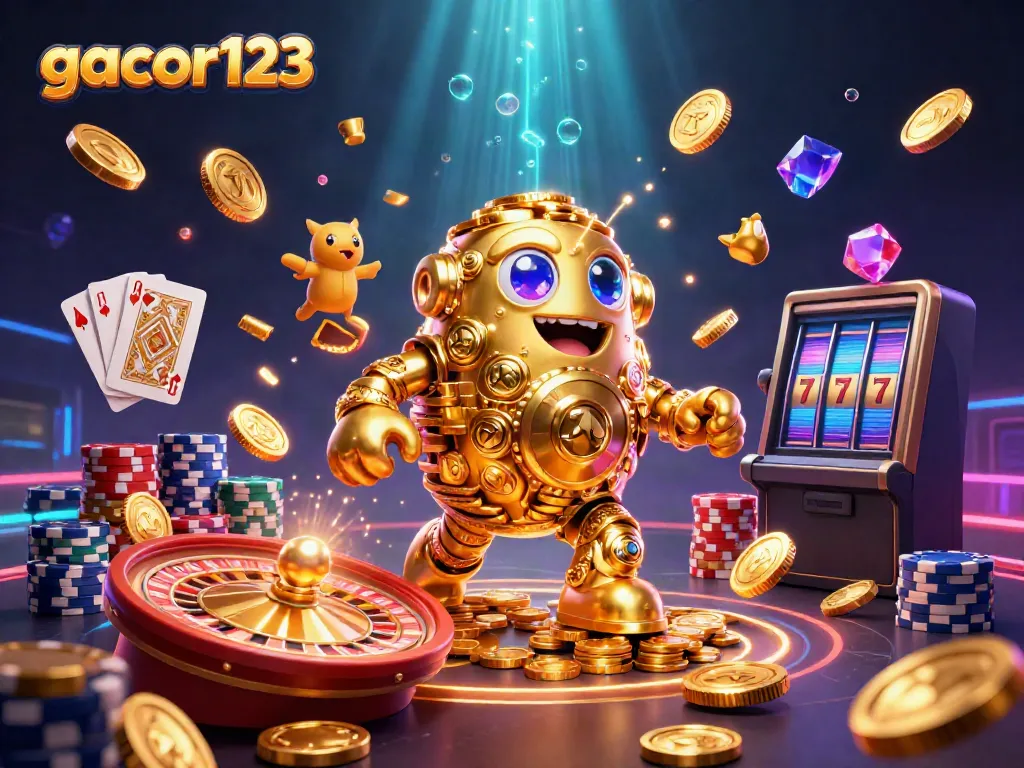 Experience the magic of gacor123 with a vibrant 3D casino scene featuring gold coins, slot machines, and lively gaming elements.