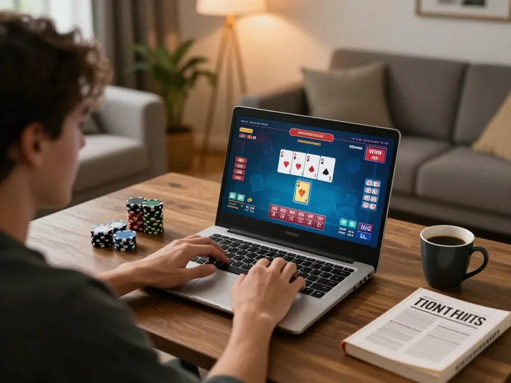 Engaging poker gameplay on cm88 platform, showcasing vibrant game interface and cozy home setting.