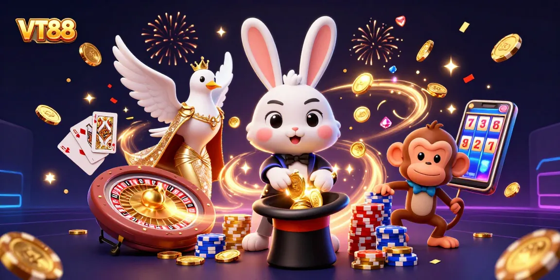Experience the excitement of VT88 with lively casino characters and glimmering coins.