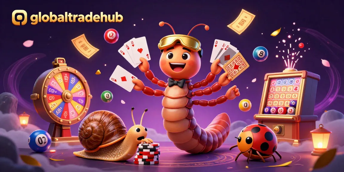 Win with globaltradehub in a lively casino scene featuring quirky characters and dynamic game elements.