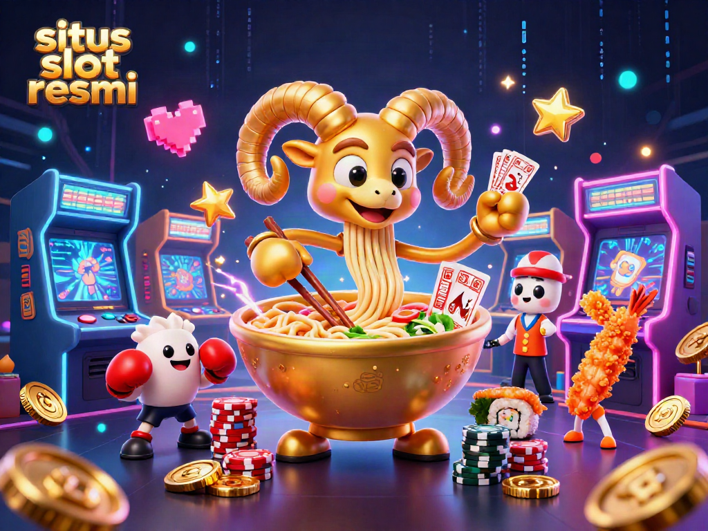 Gambar situs slot resmi dengan karakter kartun 3D, mesin arcade, dan elemen permainan yang penuh warna.