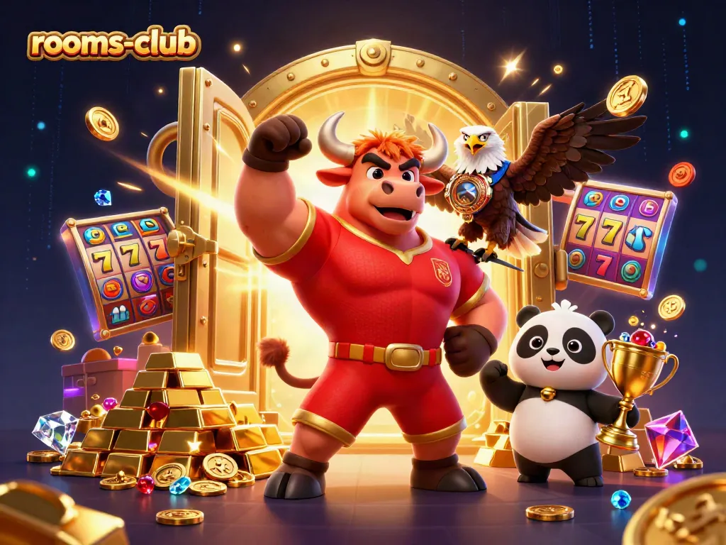Permainan judi menarik di platform rooms-club yang dipenuhi simbol keberuntungan dan kemewahan.
