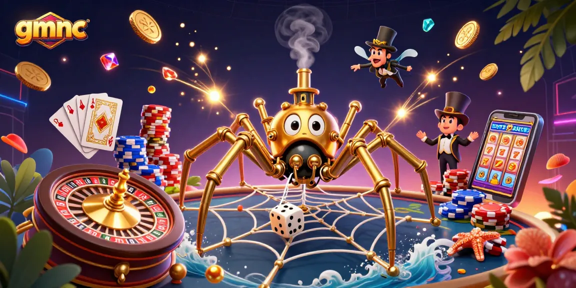 Experience the thrill of gmnc gaming with golden steampunk spider catching dice amid a vibrant casino scene.